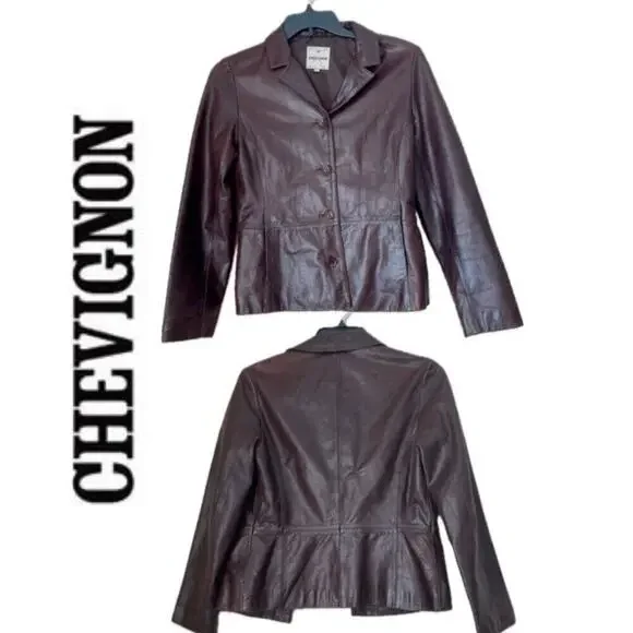 Y2K 90’s CHEVIGNON TRUCKER JACKET BLAZER COW GRAIN LEATHER MAROON SZ L VERSATILE - Picture 2 of 16